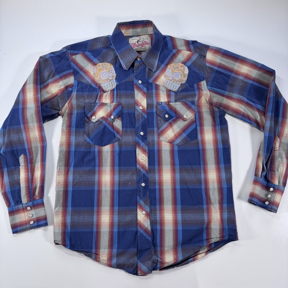 WRANGLER Vintage Pearl Snap Western Long Sleeve ButtonUp Shirt Small Embroidered